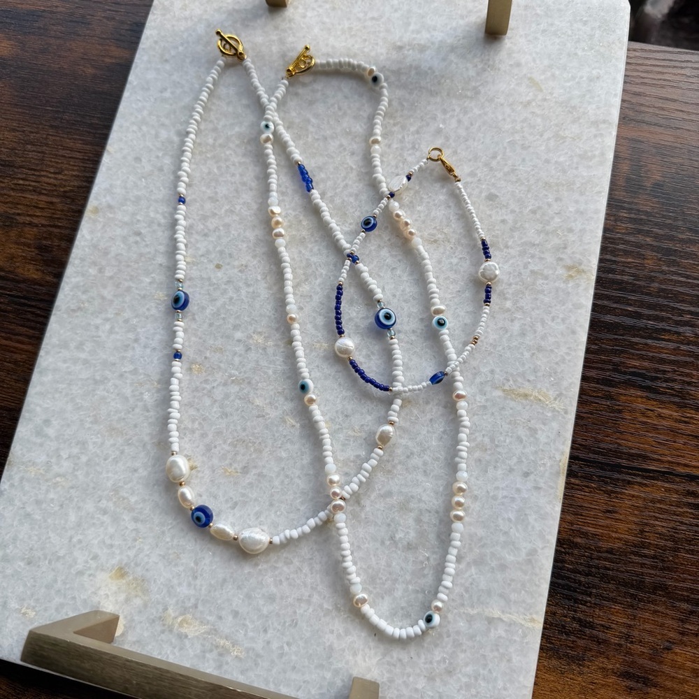 Evil Eye Freshwater Pearl Necklace & Anklet Bundle | Crystal | 3 Piece Set - Picture 2 of 7